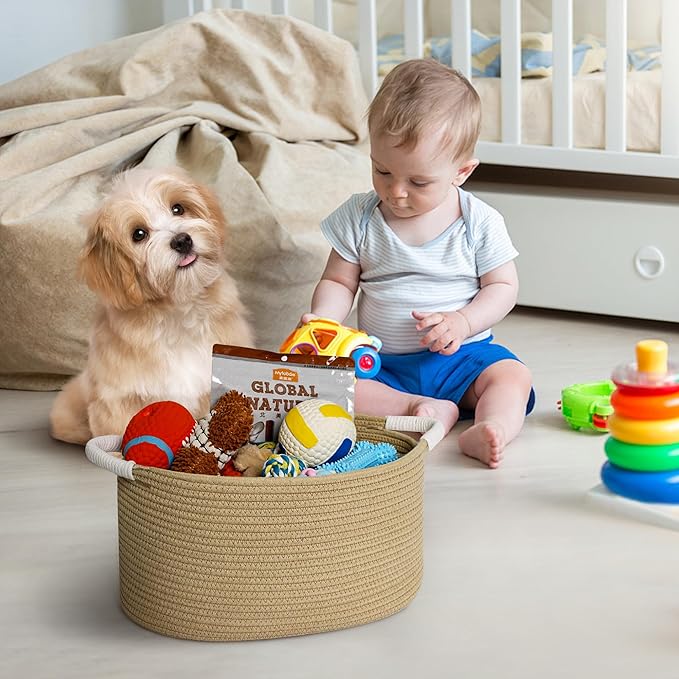 Woven Dog Toy Basket, 15.7"x11"x8" Cotton Rope Dog Toy Bin Box for Living Room, Decorative Cats Pet Supplies Puppy Bin with Handles, Soft Cat Toy Basket Organizer, Wicker Storage Holder, Jute