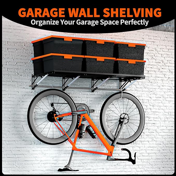 Heavy Duty Foldable Garage Storage Shelves Wall Mounted Metal Rack Unit Organizer with Removable Edge Barriers, Adjustable System for Corner Wall Use, 52.76 Inch Long 24.45 Inch Large