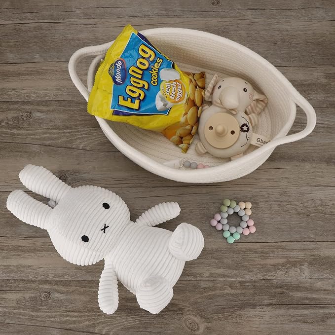 Small Woven Basket Cute Oval Cotton Rope Gifts Basket with Handle Empty Baby Wicker Storage Basket Nursery Box Bin Kids Organizer Cat Dog Toy Basket Easter Basket White