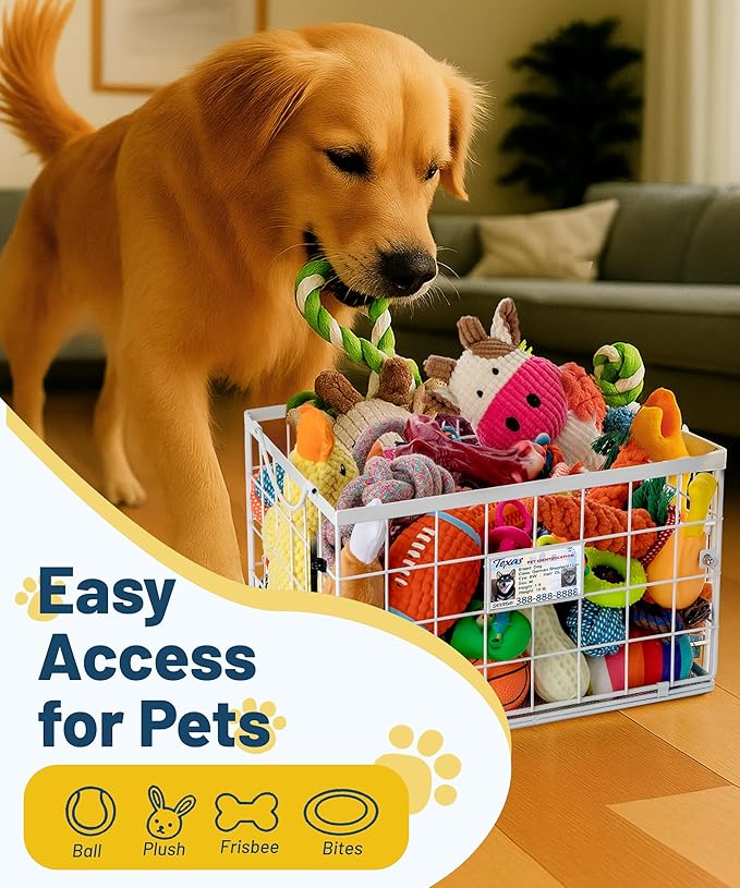 Dog Toy Basket, Dog Toy Storage Bin for Pet,Medium Toy Box for Dogs,Metal Storage Box with Handles,Toy Storage Organizer,Dog Toy Organizer Holder Boxes for Living Room（white）