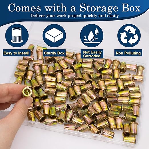 115pcs 1/4-20 Rivet Nuts, Carbon Steel, Zinc Plated, Flat Head, Knurled Body, Deep Threads