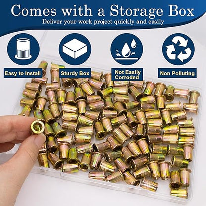 115pcs 1/4-20 Rivet Nuts, Carbon Steel, Zinc Plated, Flat Head, Knurled Body, Deep Threads