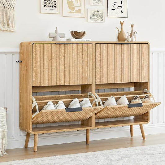 47" Fluted Large Shoe Cabinet with 4 Flip Drawers, Slim Freestanding Shoe Cabinet Organizer, Narrow Shoes Storage Rack for Entryway, 5 Sturdy Legs (All Natural, 9.45" D x 47.24" W x 35.83" H)