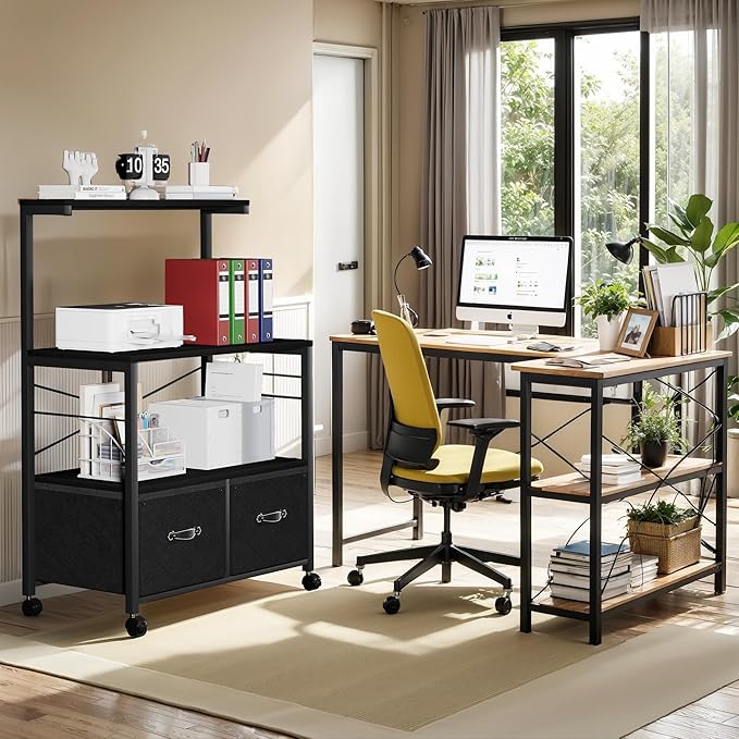 VECELO Large Printer Stand on Brakble Castors, Mobile File Cabinet with 3 Tier Shelf, 2 Drawer Lateral File-Cabinet for Filing Organization, fits Letter Size for Home Office, Black