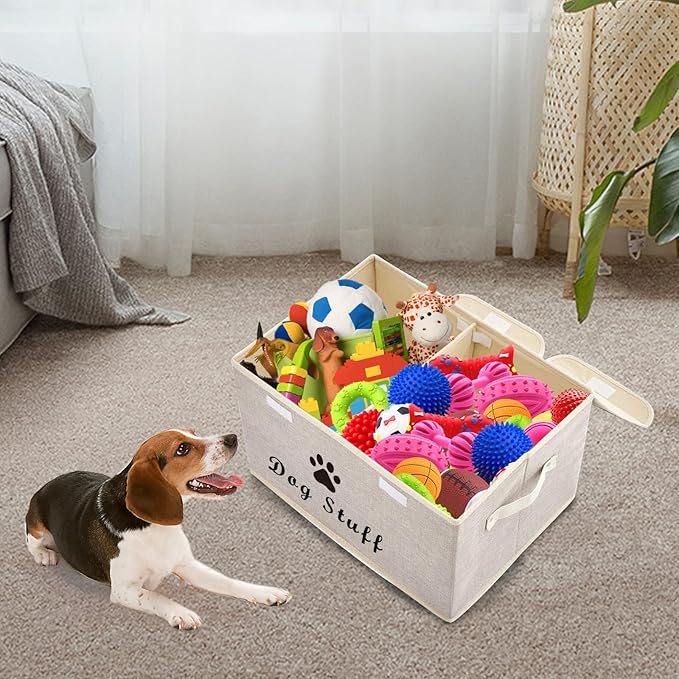 Dog toy box with lid dog storage organizer perfect basket for dog toys living room, playroom, closet, home organization and storage - Beige