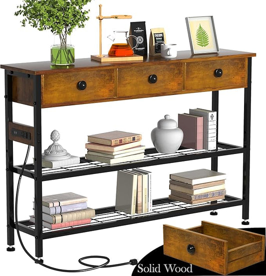 GRLEAF 47" Console Table with Outlets & USB Ports – Narrow Entryway Table with 3 Drawers and Storage Shelves, Power Strip Sofa Table for Living Room, Hallway, Kitchen, Foyer – Rustic Brown Wood Finish