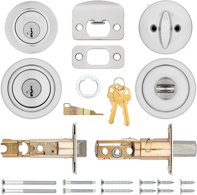 Kwikset Tylo Front Door Lock Handle and Deadbolt Set, Entry Handleset Exterior with Interior Door Knob, Satin Chrome, Pick Resistant SmartKey Rekey Deadbolt Security