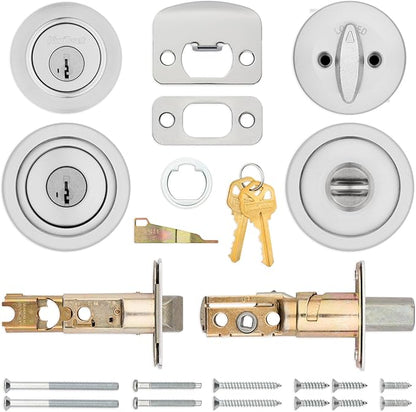 Kwikset Tylo Front Door Lock Handle and Deadbolt Set, Entry Handleset Exterior with Interior Door Knob, Satin Chrome, Pick Resistant SmartKey Rekey Deadbolt Security