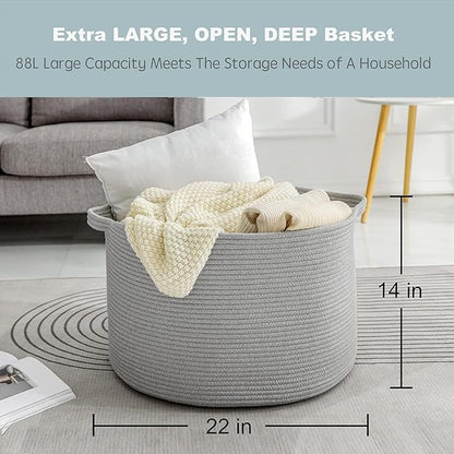 Extra Large Grey Storage Basket, 22" X 22" X 14" XXXL Blanket Basket for Living Room, Gray Wicker Woven Cotton Rope Baskets for Storage, Kids Toy Baskets Bins, Decorative Pillow Towel Basket