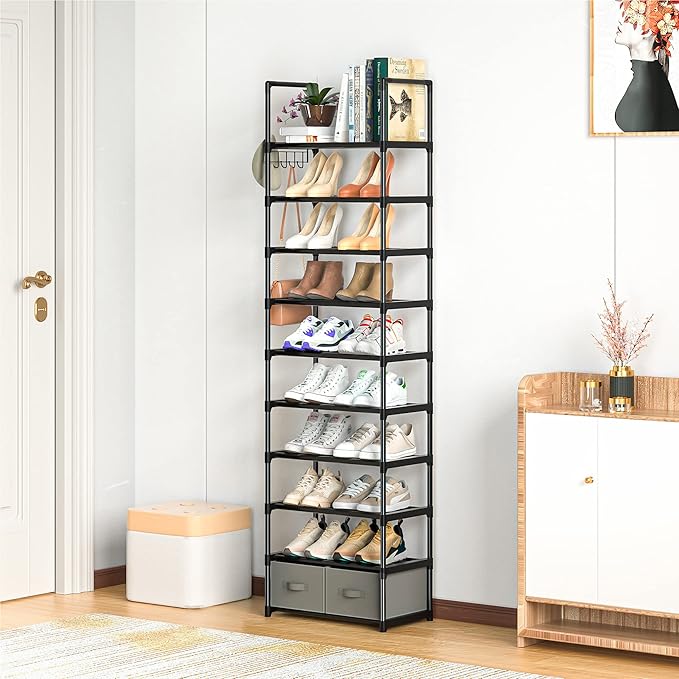 OYREL Tall Shoe Rack Narrow 10 Tier Shoes Rack 20 25 Pairs, Shoe Storage Organizer for Closet, Sturdy Metal Shoe Shelf Shoe Stand with 2 Boxes 1 Hook
