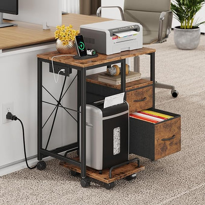 YAOHUOO Printer Stand with Power Outlet/Fabric Drawers, Printer Cabinet with Storage Shelf and Rolling Shredder Stand, Printer Table for Home Office, 22.8"×15" Rustic Brown