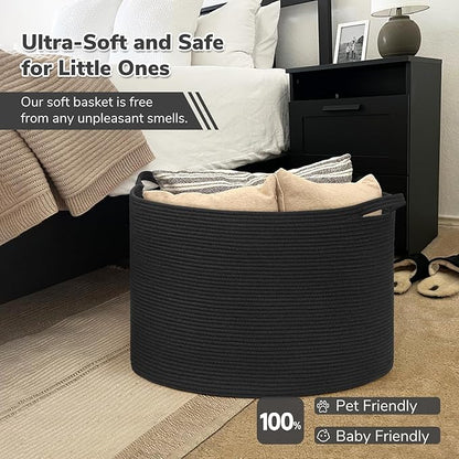 INDRESSME 115L Extra Large Cotton Rope Blanket Basket, Woven Storage for Living Room Toy Baskets Kids Baby Laundry Hamper for Dirty Clothes, Pillows, White & Black