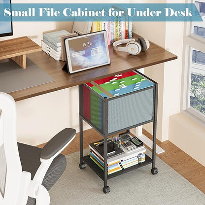 Letter/Legal Rolling File Cart, Narrow Mobile File Cabinet with Wheels Hanging Files, Metal Hanging File Folder Cart File Organizer Under Desk Storage for Home Office, Black