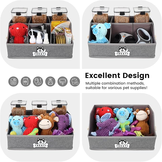 Dog Treat Container Basket for Countertop, Foldable Pet Toy Box for Living Room Area with Handles, Dog Storage Organizer with Removable Dividers for Treat Container, Leashes, Canned food, Pet Supplies