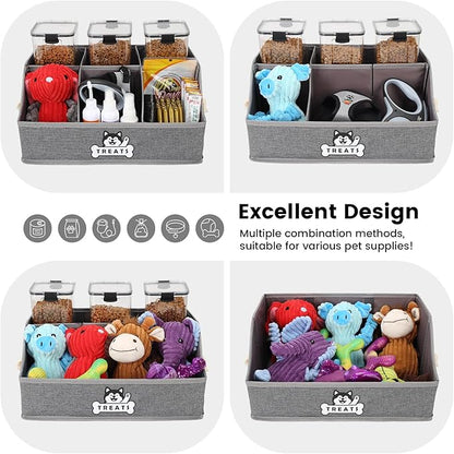 Dog Treat Container Basket for Countertop, Foldable Pet Toy Box for Living Room Area with Handles, Dog Storage Organizer with Removable Dividers for Treat Container, Leashes, Canned food, Pet Supplies