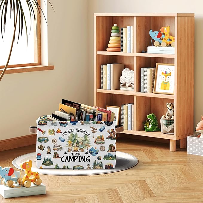 Camping Rectangle Storage Basket - Camping Themed Collapsible Storage Baskets with Handles - Camp out in the Wild Storages Bin for Kids Clothes, Gifts, Books, Toys