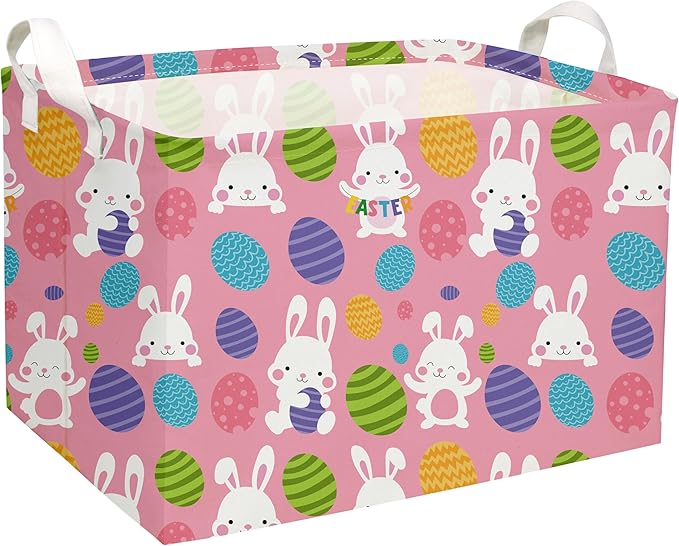 Essme Rectangular Pink Easter Baskets, Easket Basket for Kids with Handles for Easter Decor,Shelf Basket,Toy Organizer,Easter Gift.(Pink Easter)