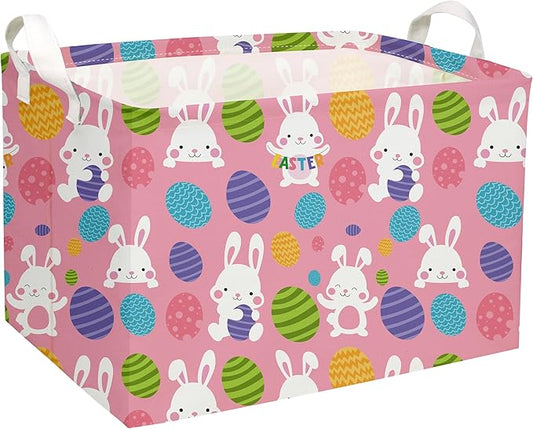 Essme Rectangular Pink Easter Baskets, Easket Basket for Kids with Handles for Easter Decor,Shelf Basket,Toy Organizer,Easter Gift.(Pink Easter)