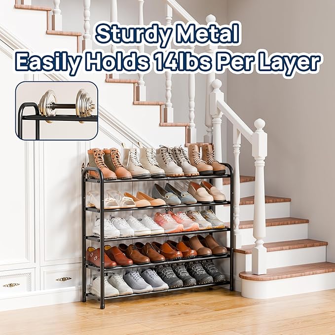 ENJOYBASICS Expandable Shoe Rack, 32.8'' Wide - 5 Tier Adjustable Shoe Organizer Shelf for Closet, 20 Pairs Black Metal Free Standing Shoe Rack Storage for Garage, Entryway