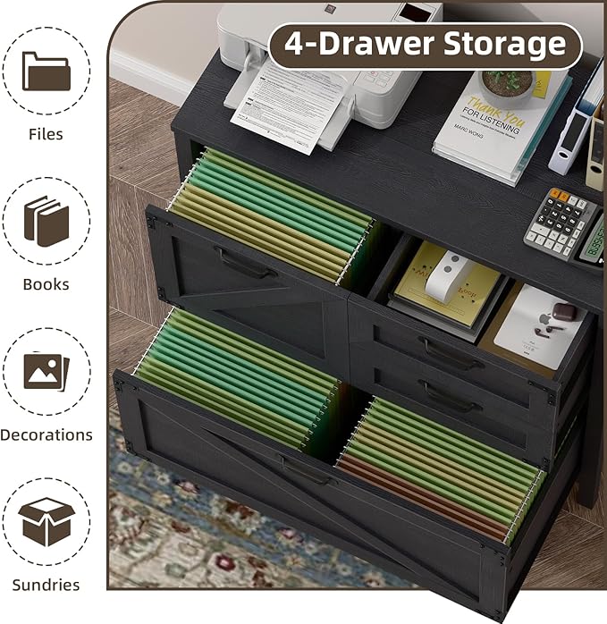 Vabches Wood Lateral File Cabinet with 4-Drawer for Hanging Files Letter/A4/Legal Size, Large Farmhouse Filing Cabinets for Home Office, Printer Stand with Office Cabinet, Office Furniture, Black