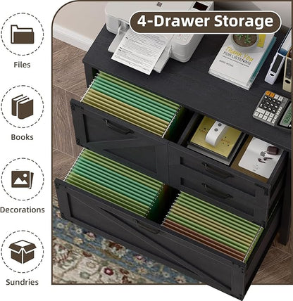 Vabches Wood Lateral File Cabinet with 4-Drawer for Hanging Files Letter/A4/Legal Size, Large Farmhouse Filing Cabinets for Home Office, Printer Stand with Office Cabinet, Office Furniture, Black