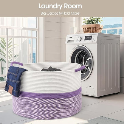 Large Cotton Rope Storage Basket, 20''x13'' Woven Laundry Hamper for Living Room, Nursery, Toys, Blanket Organization with Handles (White and Purple)