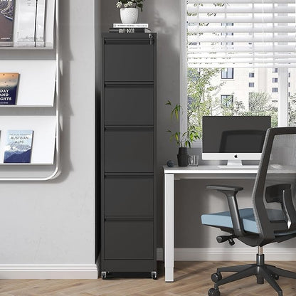 5 Drawer Mobile File Cabinet, Metal Filing Cabinet with Lock and Wheels, Home Office Rolling File Cabinets for Legal/Letter Hanging File Folders, Un-Assembled (Black)