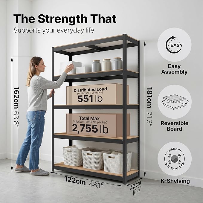 HOMEDANT House 5 Tier Heavy Duty Garage Shelving Adjustable Metal Rack Storage Shelves Standing Shelf Unit Organizers Pantry Closet Office (2, Black, 48.1" W x 16.5" D)