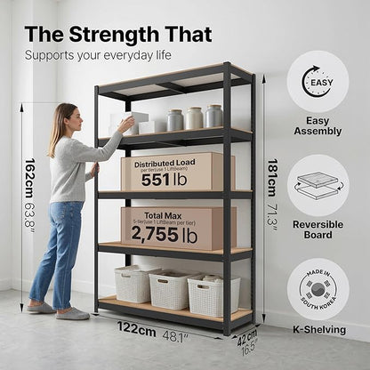 HOMEDANT House 5 Tier Heavy Duty Garage Shelving Adjustable Metal Rack Storage Shelves Standing Shelf Unit Organizers Pantry Closet Office (2, Black, 48.1" W x 16.5" D)