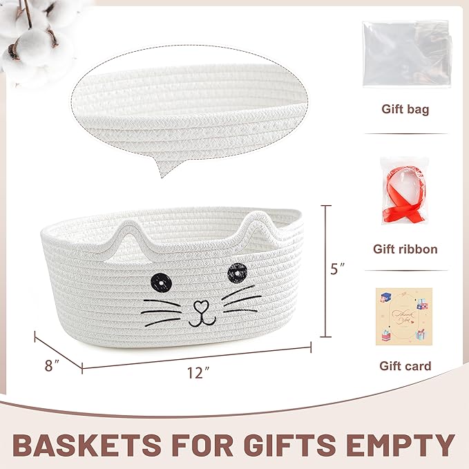 Small Woven Cat Gifts Basket for Storage Empty Cat Toy Bins Organizer with Ribbons and Bags Durable Cute Pet Gifts 12"X 8" X 5" Small Rope Basket for Gifting