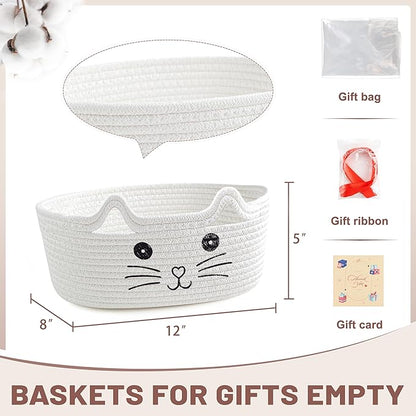 Small Woven Cat Gifts Basket for Storage Empty Cat Toy Bins Organizer with Ribbons and Bags Durable Cute Pet Gifts 12"X 8" X 5" Small Rope Basket for Gifting