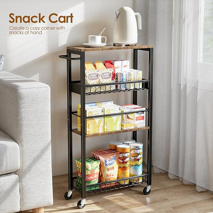 Slim Storage Rolling Cart, 4 Tier Narrow Cart with Wheels, Metal Kitchen Rolling Cart for Small Spaces, Slide Out Storage Shelves for Kitchen, Laundry Room, Bathroom, Living Room, 7.1in(W)