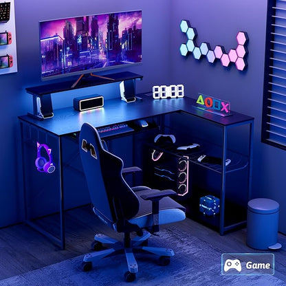 Computer Desk, L Shaped Gaming Desk with Monitor Stand & Storage Shelf & LED Light & USB Power Outlet, Reversible Shelves Corner Table with Keyboard Tray for Gaming, Home Office, Study