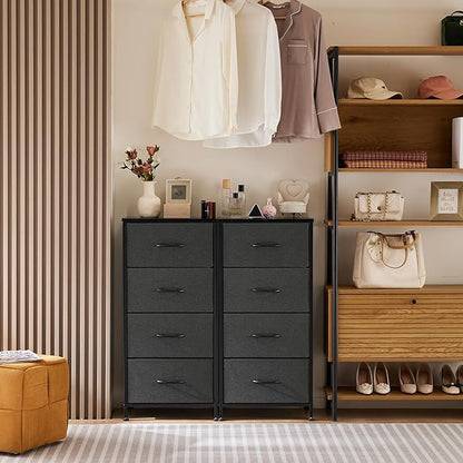 DUMOS Dresser for Bedroom 4 Drawers, Tall Fabric Closet Chests Organizer Tower Furniture with Wooden Top Metal Frame for Living Room, Closet, Grey