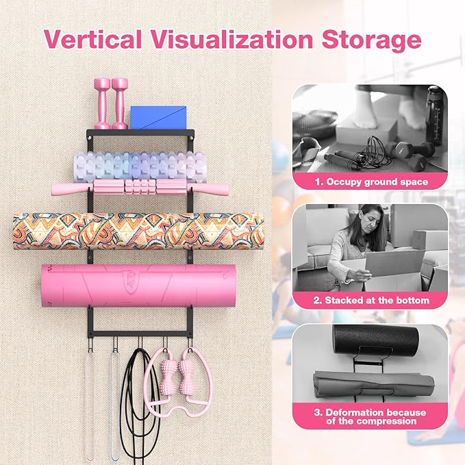 Yoga Mat Holder Wall Mount Organizer - 4-Layer Suspension System for Home Gym, 14" x 7.9" x 29.5" Black Iron Shelf with Strap for Yoga Sets, Carrier, Wall Art, Kit for Women