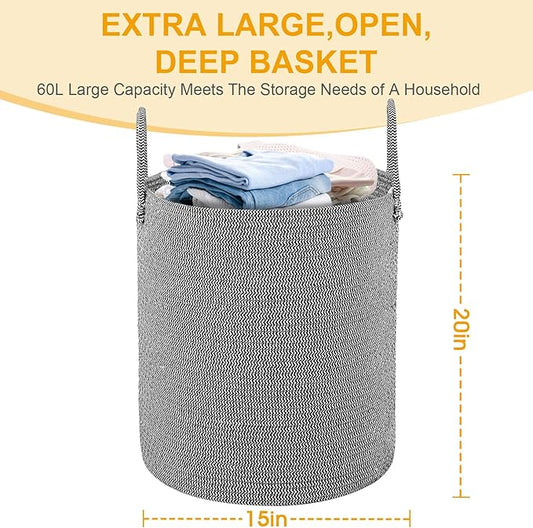 Large Woven Laundry Basket Hamper,60L Cotton Rope Storage Baskets for Blankets in living room,Decor Tall Laundry Bin for Toys Storage,Clothes Basket,Baby Basket,White and Blue