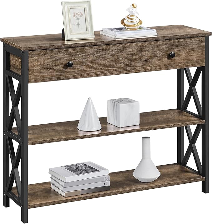 Yaheetech Console Table with Drawer and 2 Open Storage Shelves, Sofa Table for Living Room, 3-Tier Narrow Entryway Table, X-Shaped Design, Taupe Wood