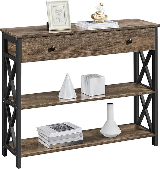 Yaheetech Console Table with Drawer and 2 Open Storage Shelves, Sofa Table for Living Room, 3-Tier Narrow Entryway Table, X-Shaped Design, Taupe Wood