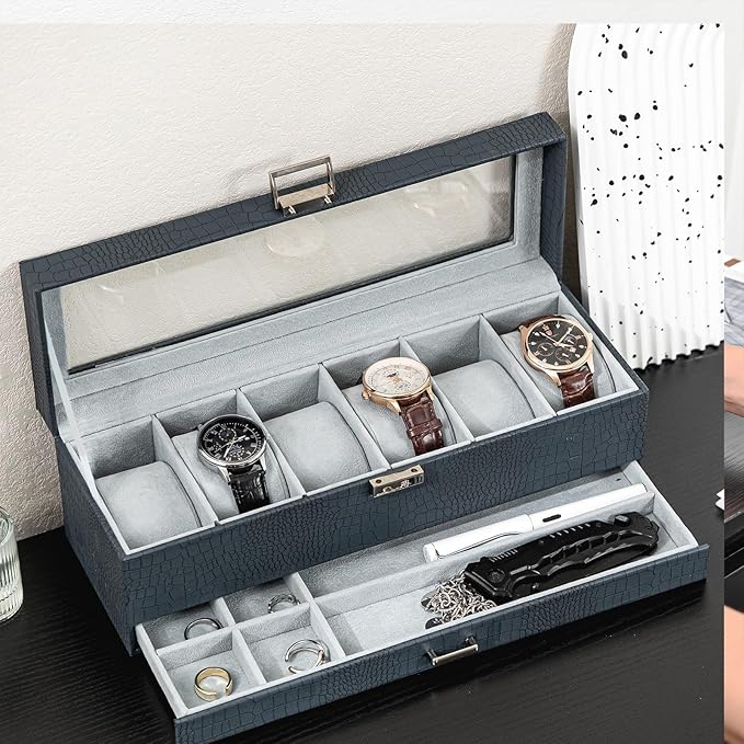ProCase Watch Box, 6 Slot Watches Display Case with Drawer, Mens Watch Case with Glass Lid, 2-Layer Mens Jewelry Organizer Storage Holder, Birthday Valentine Gifts for Men -6 Slot, CrocCobaltBlue