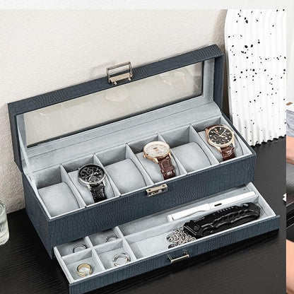 ProCase Watch Box, 6 Slot Watches Display Case with Drawer, Mens Watch Case with Glass Lid, 2-Layer Mens Jewelry Organizer Storage Holder, Birthday Valentine Gifts for Men -6 Slot, CrocCobaltBlue