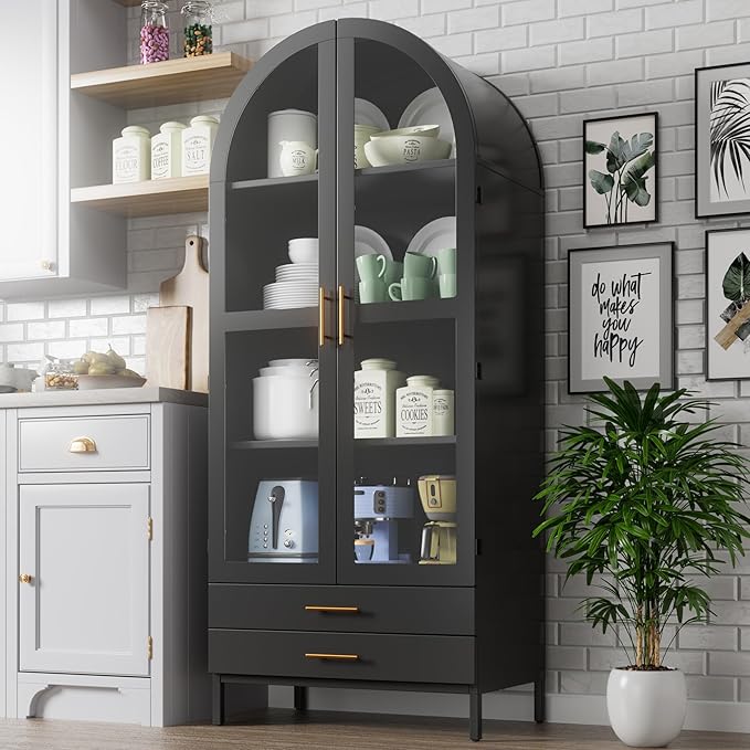 Metal Arched Pantry Cabinet with 2 Drawers and Glass Doors,Black Arched Bookcase with 2 Adjustable Shelf for Kitchen Home Office,Installation Required,Black