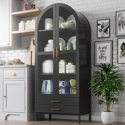 Metal Arched Pantry Cabinet with 2 Drawers and Glass Doors,Black Arched Bookcase with 2 Adjustable Shelf for Kitchen Home Office,Installation Required,Black