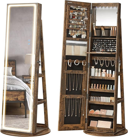SONGMICS LED Jewelry Cabinet Standing, Lockable Armoire With Full-Length Mirror and Adjustable Lights, Space-Saving Organizer, Gift Idea, Rustic Brown UJJC008X01