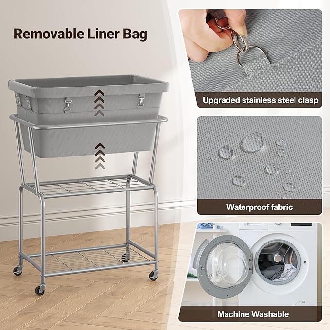 ELYKEN Rolling Laundry Hamper with Wheels, 32-Gallon (122L) Laundry Cart with Removable Bag, 2-Tier Clothes Basket Hamper with Shelf for Closet, Bedroom, Bathroom, Laundry Room, Gray