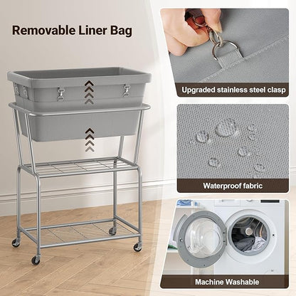 ELYKEN Rolling Laundry Hamper with Wheels, 32-Gallon (122L) Laundry Cart with Removable Bag, 2-Tier Clothes Basket Hamper with Shelf for Closet, Bedroom, Bathroom, Laundry Room, Gray