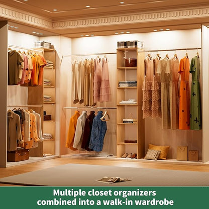 Closet System, 17" Wide Organizer with 3 Hanging Rods, Wood Tower Storage for Walk-In Closets, Wall-Mounted Wardrobe Organizer, Fits Spaces 5-9 ft