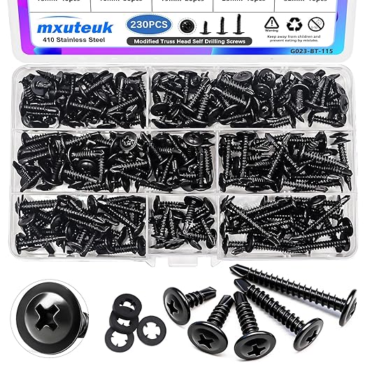 mxuteuk 230PCS #8 Self Tapping Screws,410 Stainless Steel Self Tapping Screws for Metal,1/2",5/8",3/4",1",1-1/4" Modified Truss Head Self Drilling Screw for Metal (115PCS Screw+115PCS Washers)