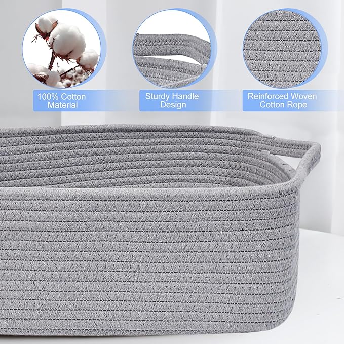 ABenkle Small Storage Basket with Handles, Cotton Rope Woven Dog Cat Toy Bin, Decorative Shelves Closet Organizing for Nursery Laundry Bedroom Bathroom, 14.2''x 11''x 5.1''