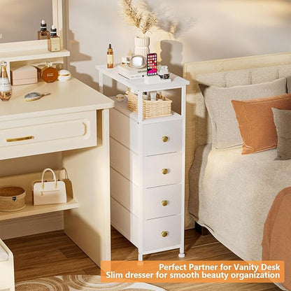 Narrow Dresser for Bedroom, Slim Dresser Storage Tower, Chest of 4 Fabric Drawers with Wood Shelf, Bathroom Organizers and Storage for Small Spaces, Laundry, Closet, White