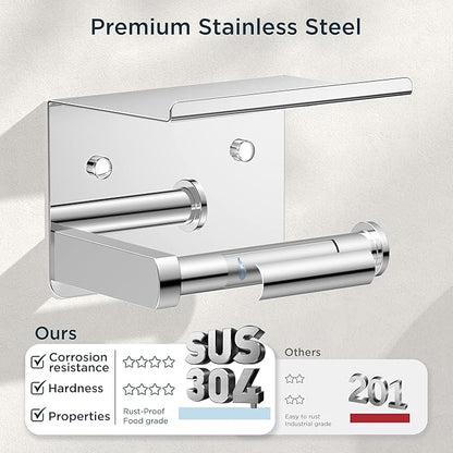 FORIOUS Toilet Paper Holder with Shelf, Adhesive or Screw Wall Mount Toilet Roll Holder for Bathroom, Rustproof 304 Stainless Steel Commercial Toilet Tissue Holder with Phone Shelf, Chrome